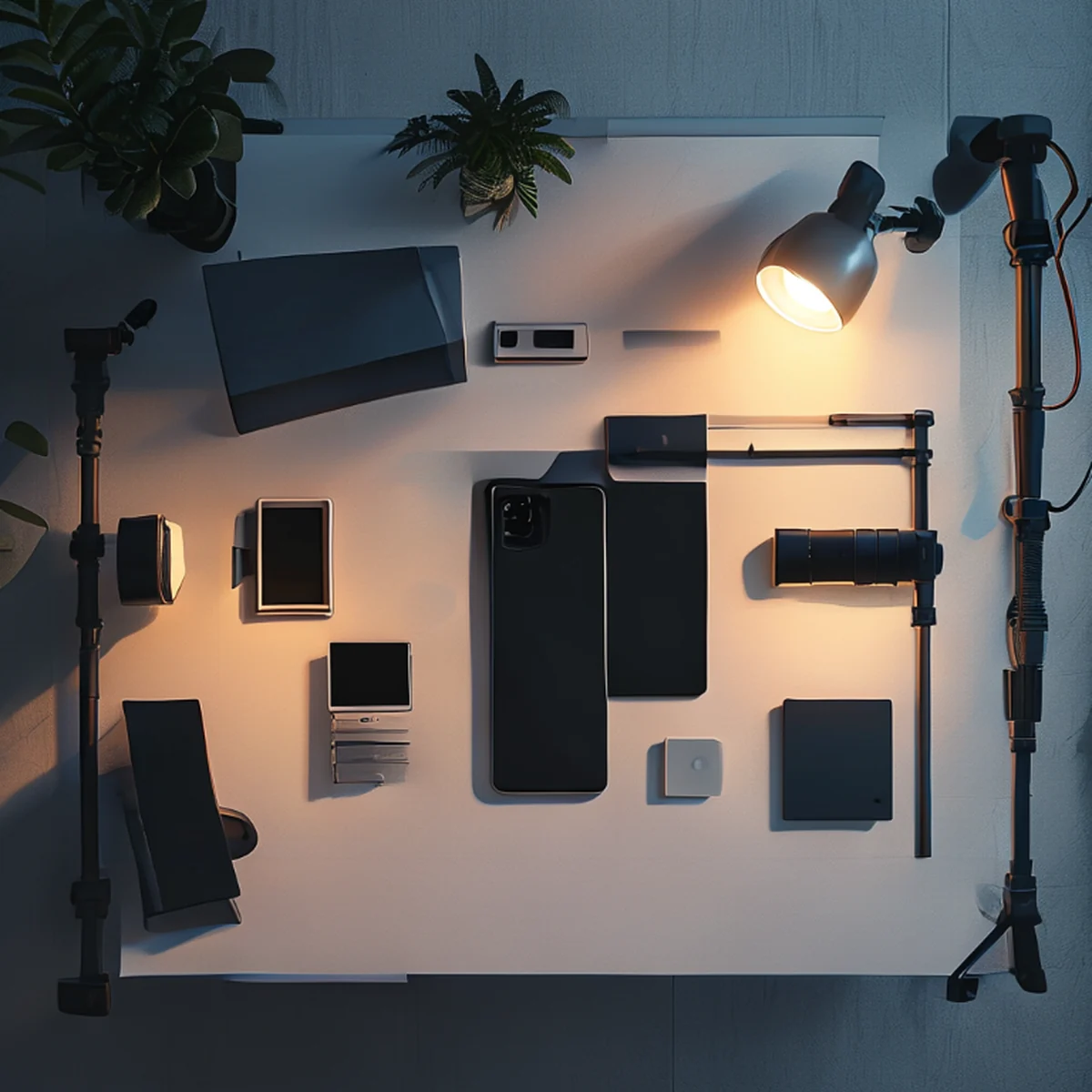 Espaço de trabalho minimalista com smartphone para criação de conteúdo.