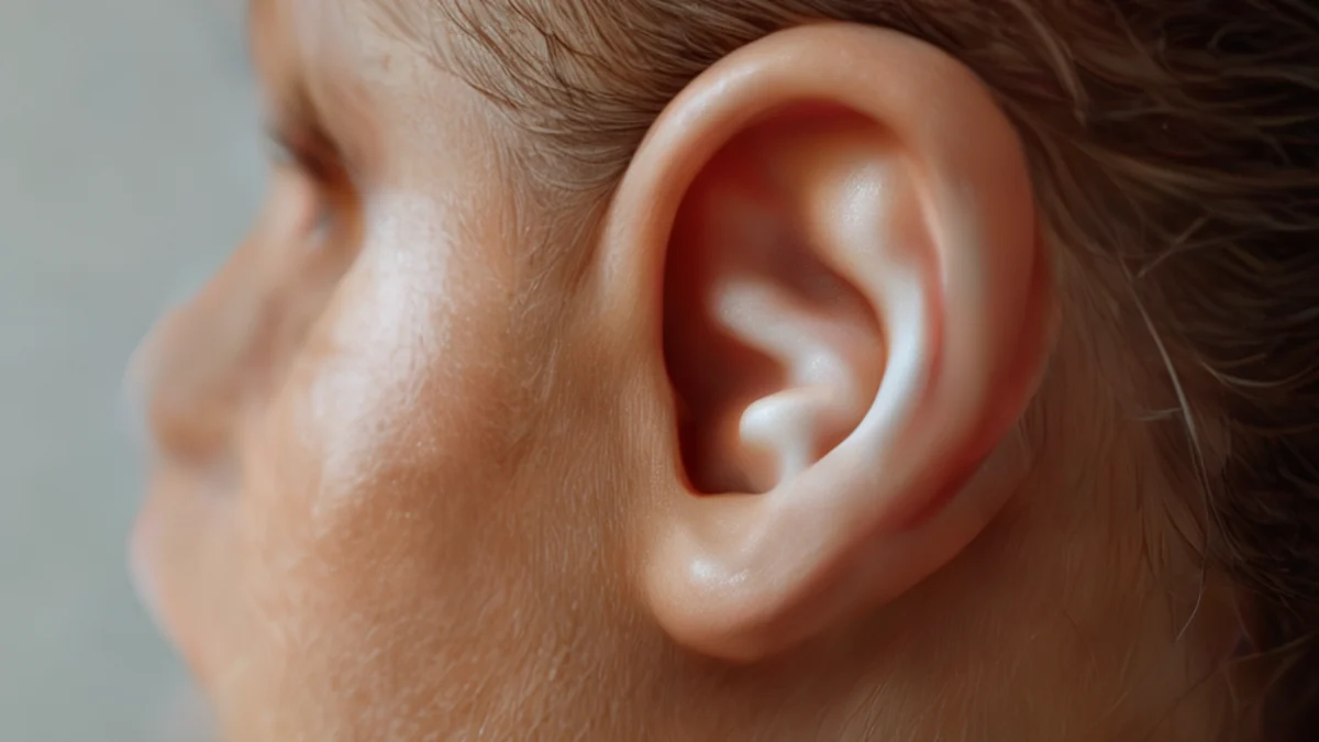 A person wearing wireless earbuds, listening to music or audio.