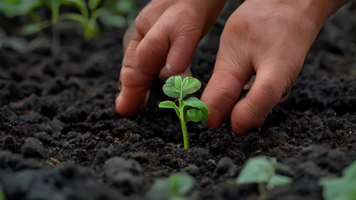 Una persona planta una plántula en el suelo con las manos.