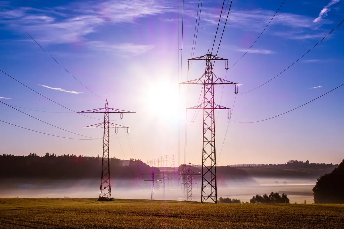 pylon, cables, sunrise, sunlight, nature, sun, fog, mist, field, meadow, transmission towers, power towers, utility poles, power lines, overhead power lines, po