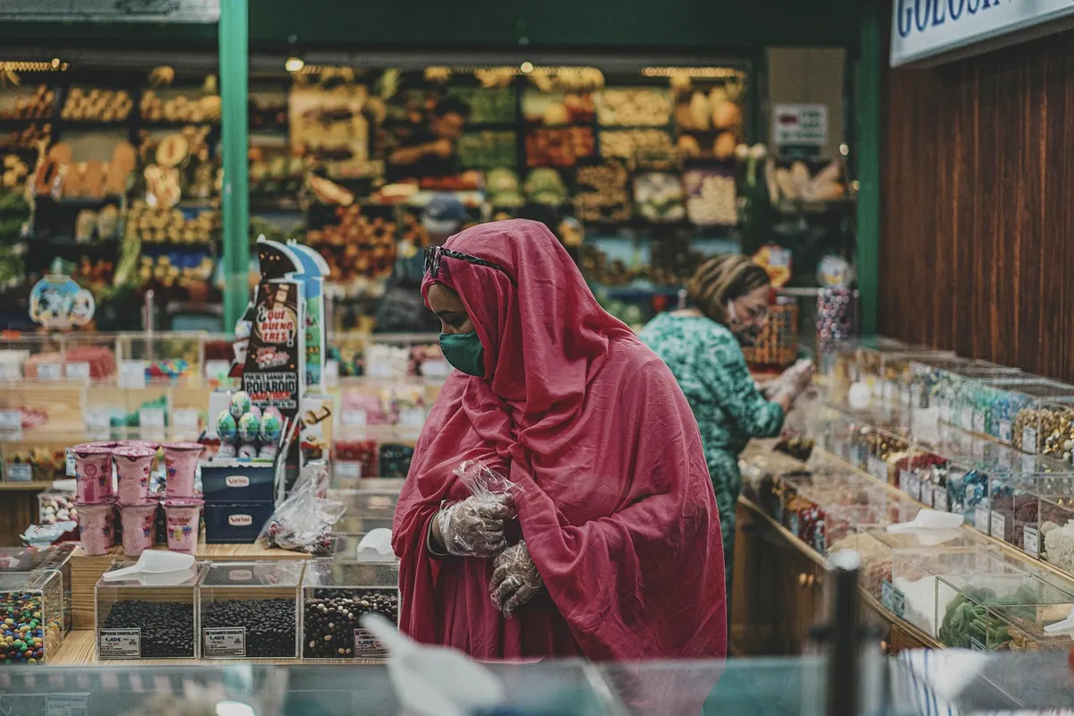 woman, face mask, market, hijab, people, store, grocery, shopping, farmers market, buying, customers, market, market, market, market, hijab, hijab, hijab, hijab